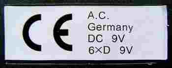 CE, A.C. Germany, DC 9V, 6xD 9V